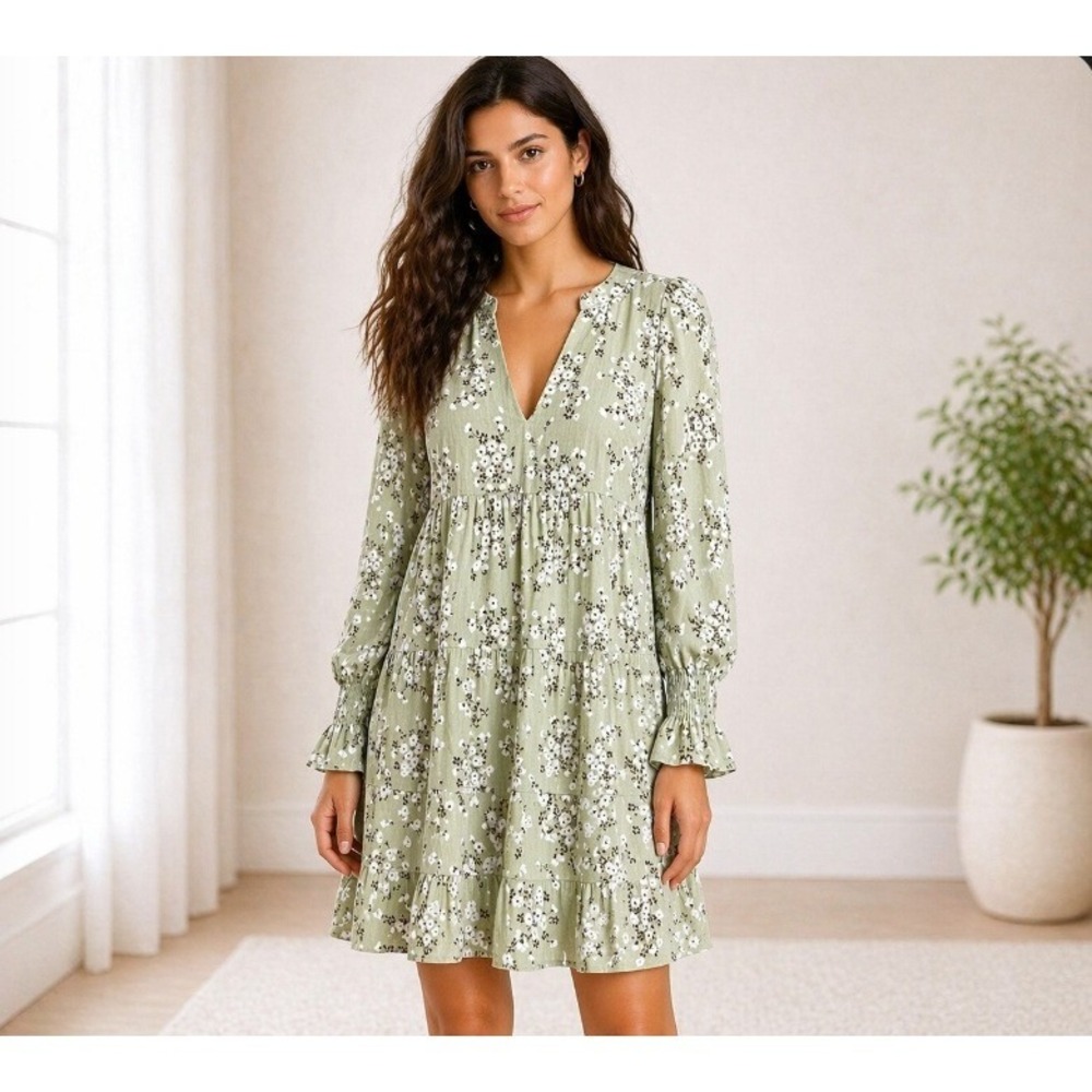Pomander Place Green Ditsy Floral Kenzo Dress Small Floral Tiered Cottagecore